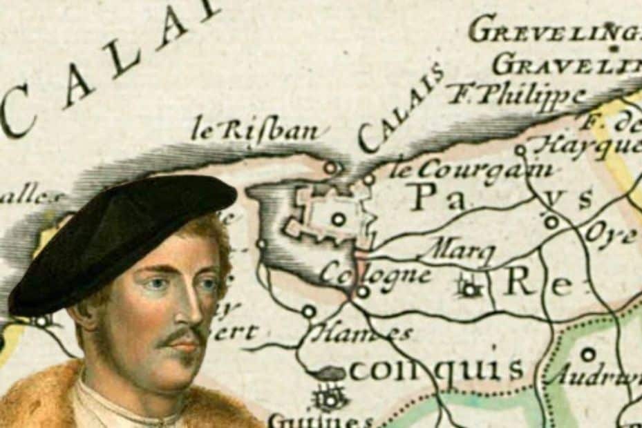 Montage photo représentant le diplomate anglais Thomas Hoby, ancienne carte de Calais en arrière-plan